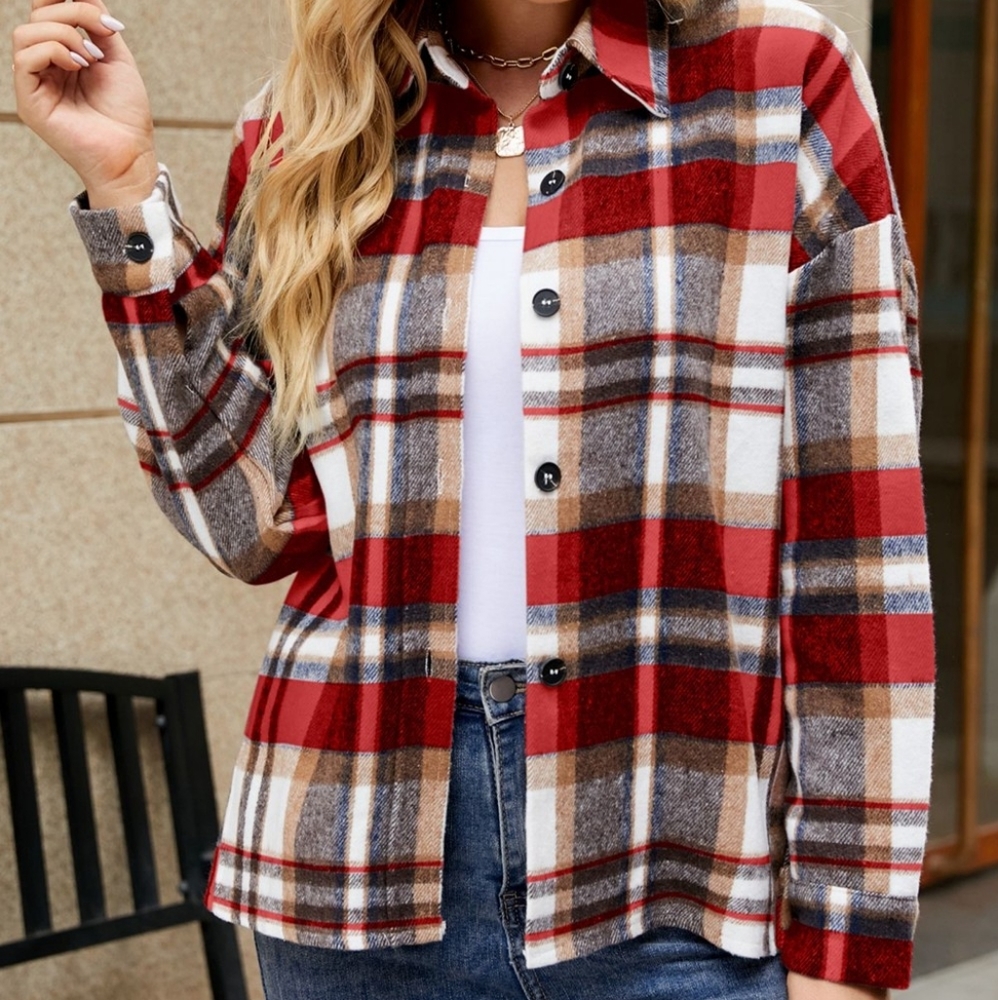 🔥Red Plaid Side Slit High-Low Shacket